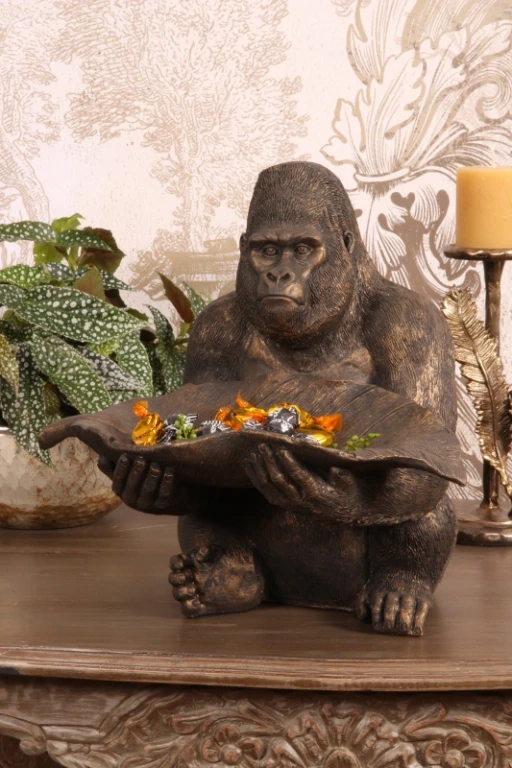 Statue gorille avec plateau - doré - 39 cm