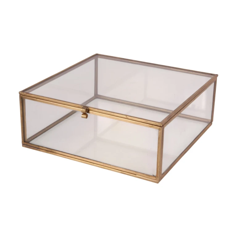 Boîte à bijoux 20x20x8 cm - or - laiton et verre