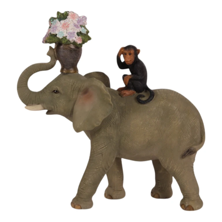 Statue d'éléphant avec singe - brun - 17 cm
