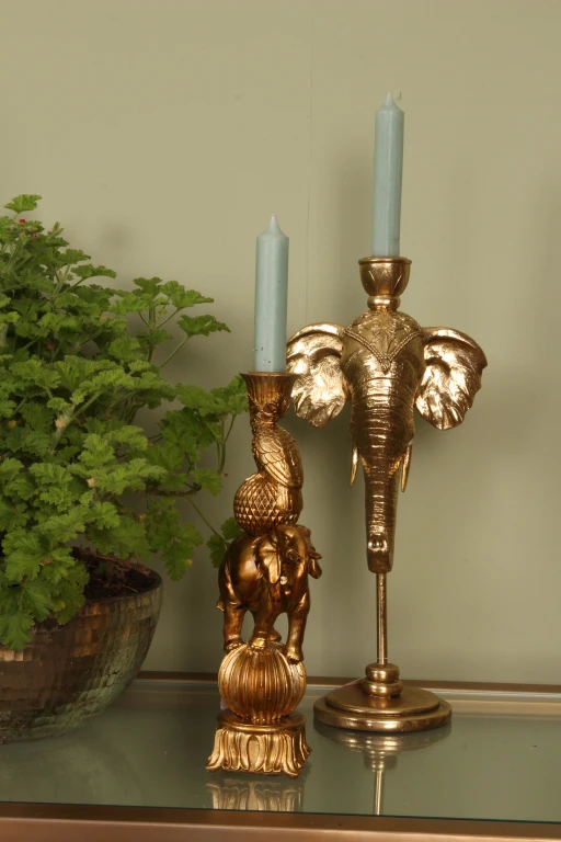 Candélabre éléphant - 35,5 cm - or - résine synthétique