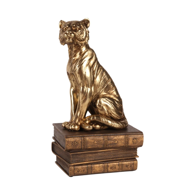 Statue de tigre sur livres - or - 29 cm