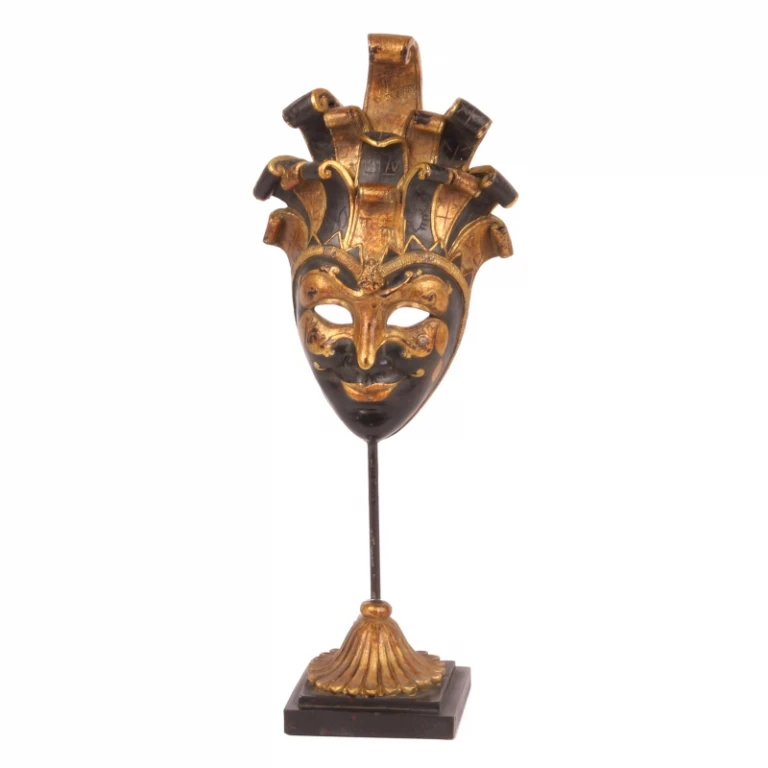 Masque décoratif sur pied - noir/or - 28 cm - résine synthétique