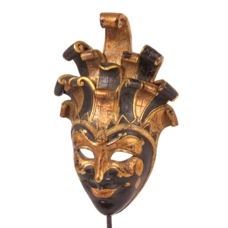 Masque décoratif sur pied - noir/or - 28 cm - résine synthétique