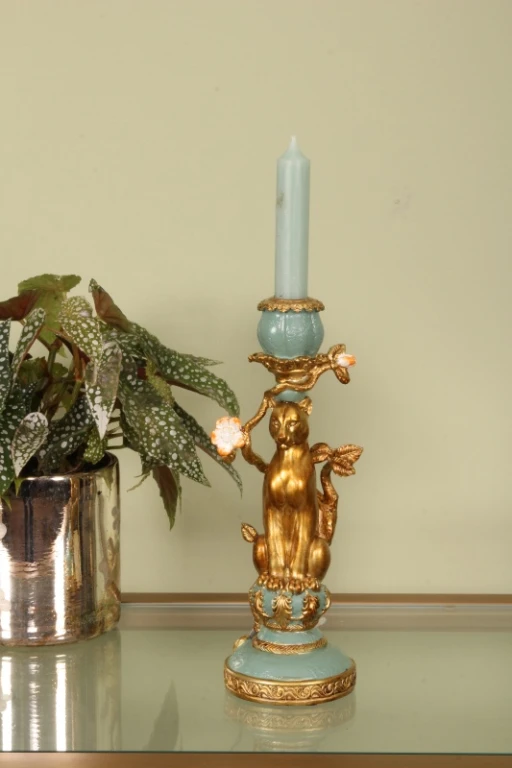 Candélabre Léopard - 25,5 cm - or - résine synthétique