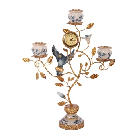 Kandelaar Papegaai met Klok 32 cm - Blauw - Resin