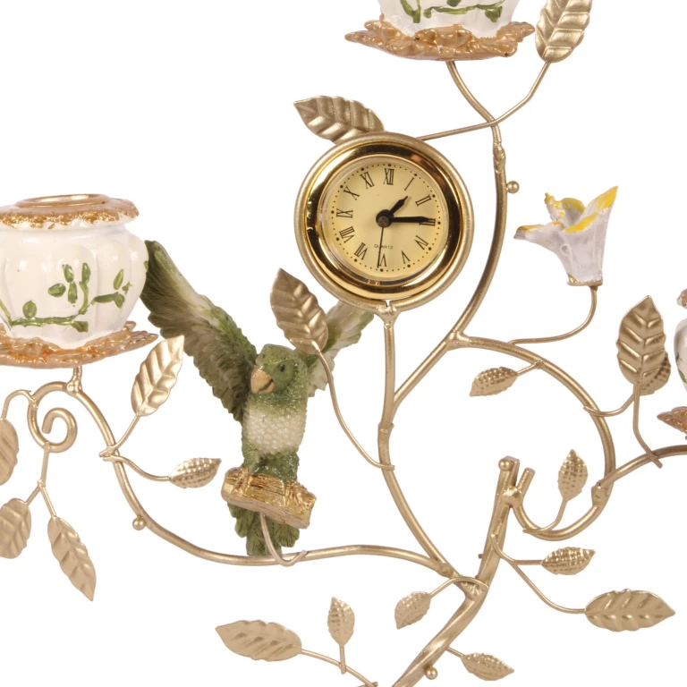 Candélabre Perroquet avec horloge - 32 cm - vert - résine synthétique