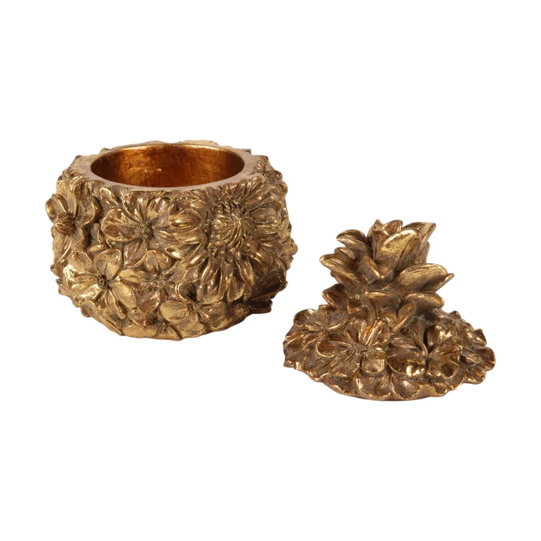 Boîte de rangement fleurs - 12,5 cm - or - résine synthétique
