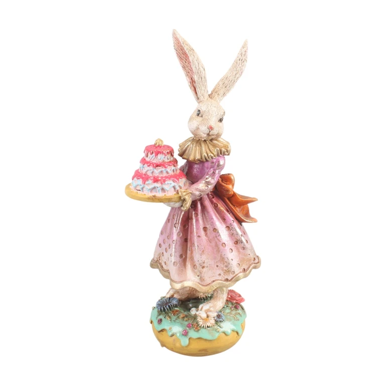 Figurine de lapin avec gâteau - rose - 28,5 cm
