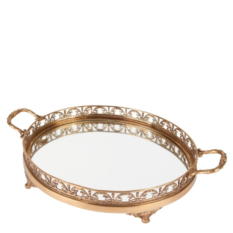 Plateau en laiton doré avec miroir - 50 cm