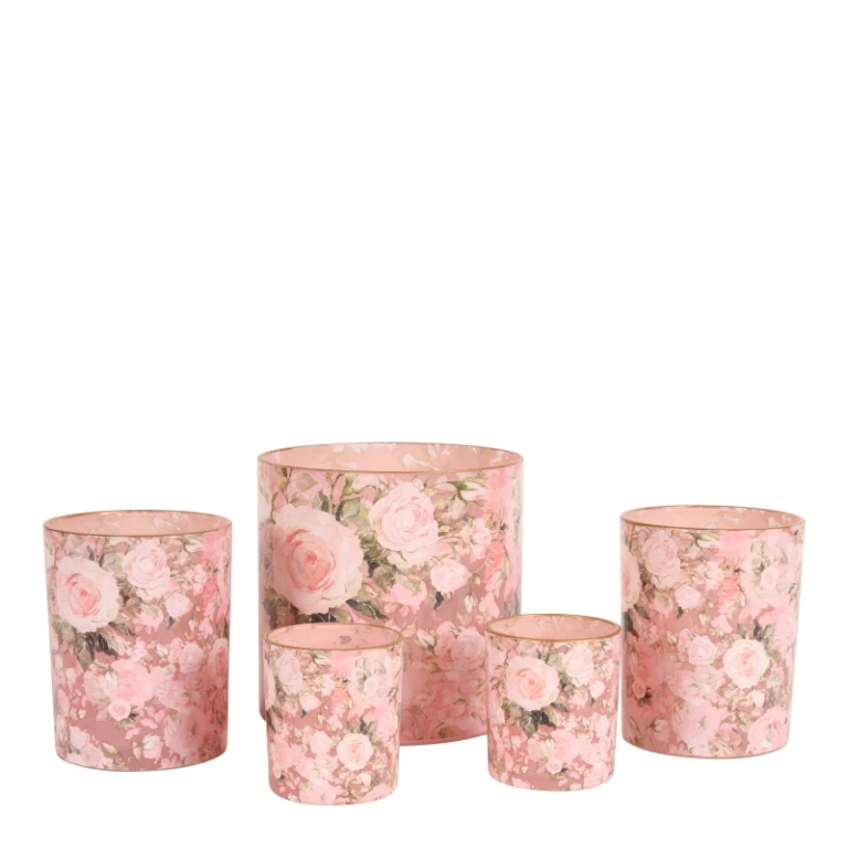 Bougeoir à bougie imprimé fleurs - rose - verre - 12,5 cm