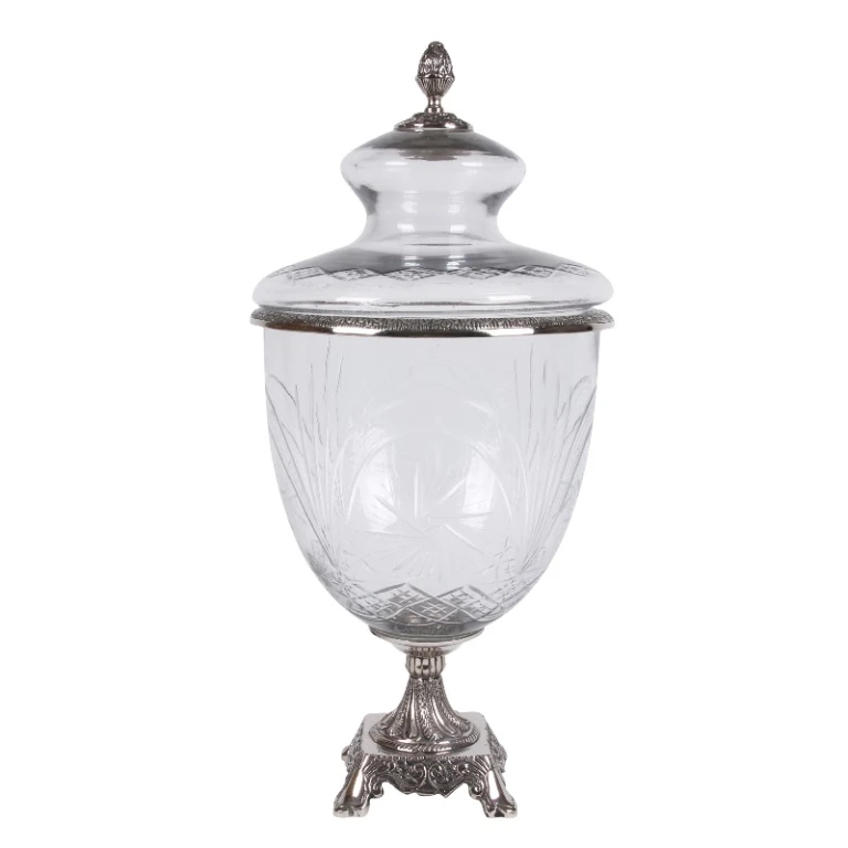 Vase avec couvercle - 51 cm - argent - verre et aluminium