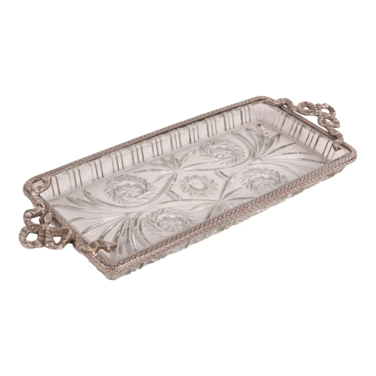 Plateau en laiton et verre - argent - 33 x 16 cm