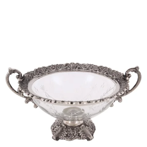 Sierschaal met handvat - zilver - aluminium en glas - 38 cm